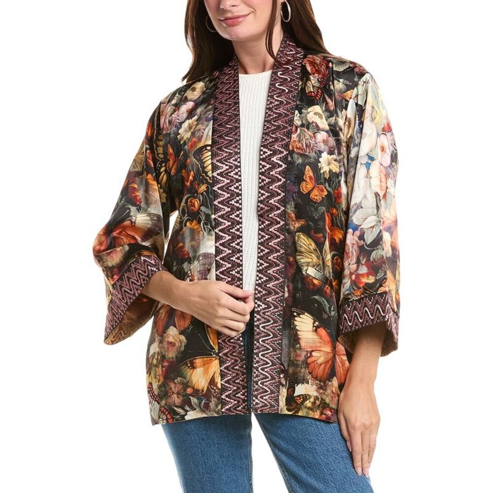 Johnny Was Womens Merhawi Reversible Silk-Blend Kimono, Green